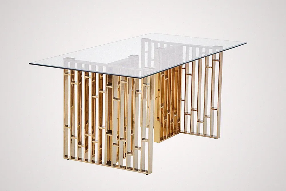 HOOZ Luxus Esstisch 160x90cm Klarglas Metall Gold&Chrom Modern Design Wohnzimmer