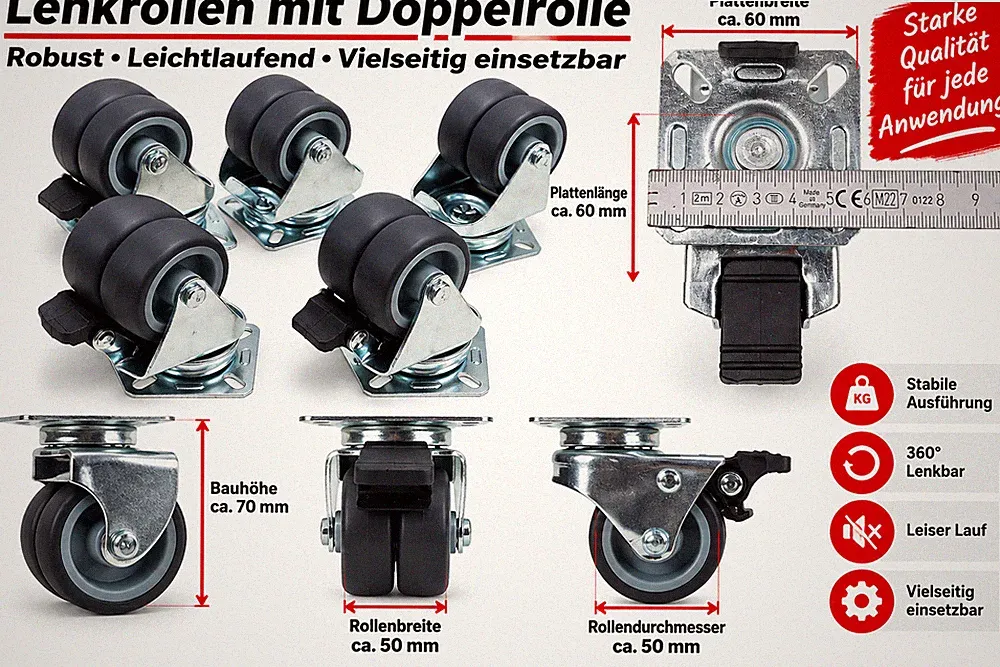 HRB 50 mm 4 Stück Rollen für Möbel mit Bremse und ca. 400 kg Gesamttragkraft