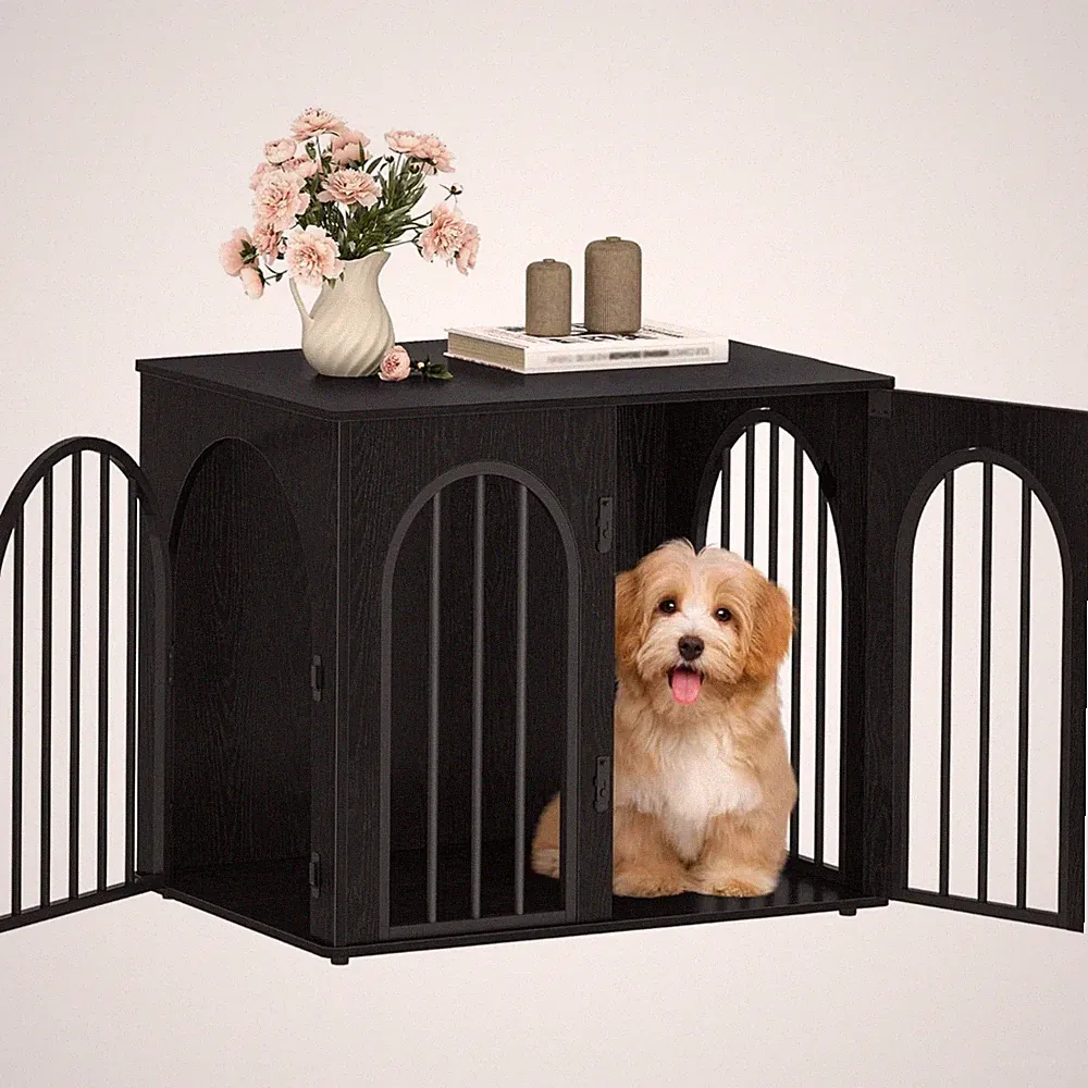 Hundekäfig Möbel 68 cm Hundebox Indoor mit 3 Türen Beistelltisch Schwarz
