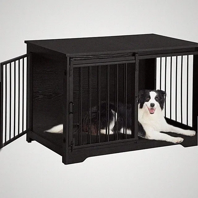 Hundekäfig Möbel Hundebox Holz Indoor 100cm Schwarz 2 Türen