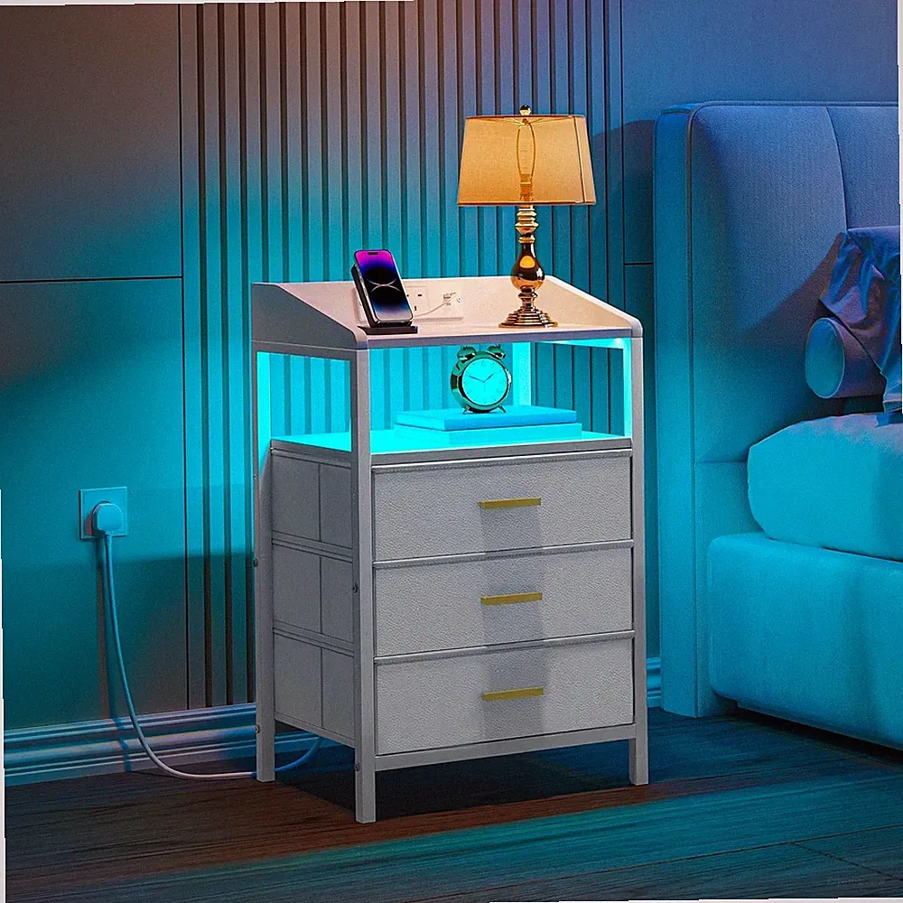 Hzuaneri Nachttisch mit LED Beleuchtung und Ladestation Nachttisch