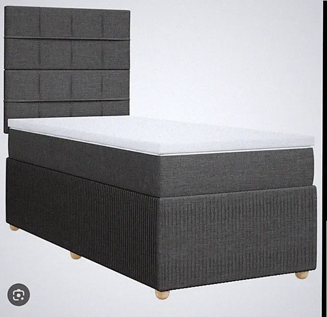 IKEA Boxspringbett 90x200 Grau mit Kopfteil, Matratze H2, Stoff, matt