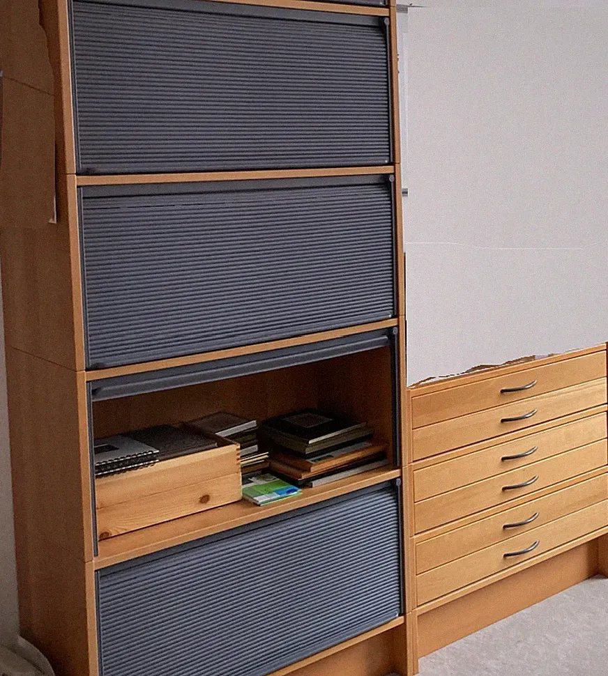 IKEA Effektiv Büro Möbel: Rollo Schrank Regal Sockel altes Buche Furnier dunkel