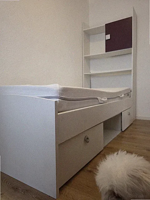 IKEA Stauraumbett 100x200 Weiß/Lila mit Matratze, Lattenrost, 2 Schubl.