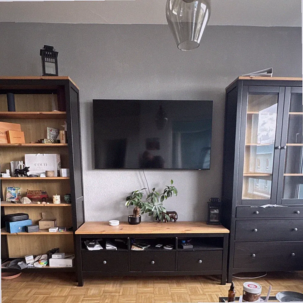 IKEA Wohnzimmermöbel Set Bücherregal TV-Lowboard Vitrine schwarz helles Holz