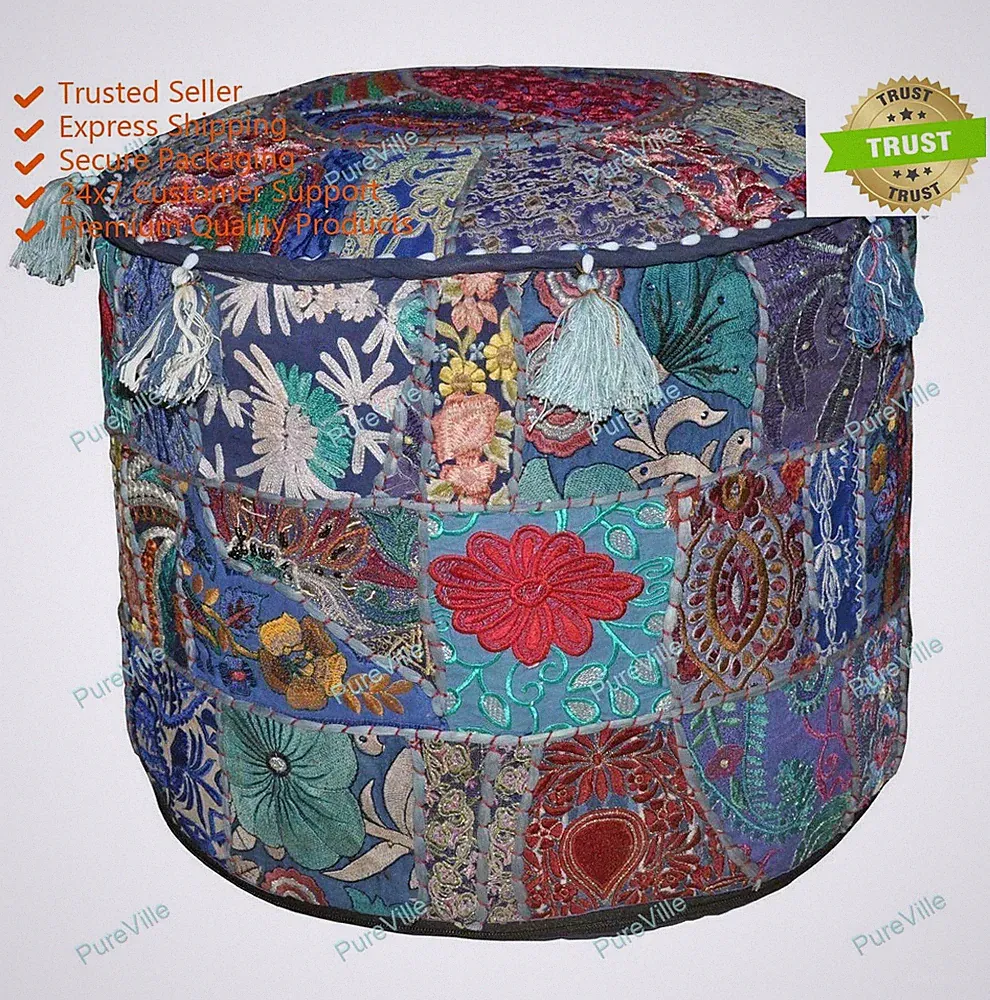 Indischer Hocker Pouf Baumwolle Ottomane Sitzbezug Blumen Sitzsack Neu