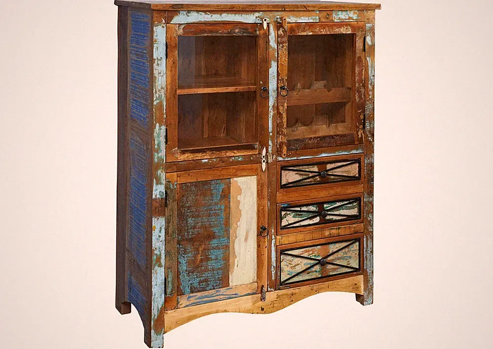 indisches Altholz Weinregal ausgefallene Vitrine Schrank bunt Highboard massiv