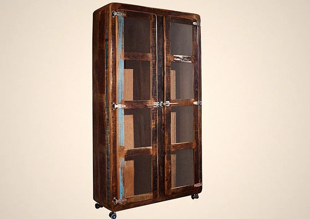 Industrial Altholz Vitrine m Rollen mehrfarbig Vitrinenschrank Holz Schrank