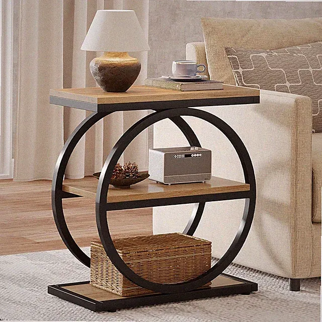 Industrial Beistelltisch Sofatisch mit rundem Metallgestell für Wohnzimmer