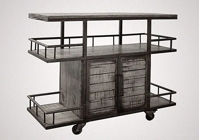 Industrial Servierwagen grau Küchenwagen m. Rollen Mangoholz Barschrank Hausbar