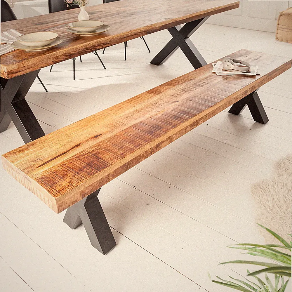 Industrial Sitzbank IRON CRAFT 200cm Mangoholz X-Gestell Bank Esszimmerbank