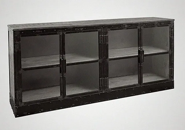 Industrial used look Sideboard groß m. Glastüren Vitrine - Eisen u. Mangoholz