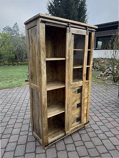 Industrial Used-Look Vitrine Mango massiv Schrank Regal Schiebetür Hochschrank
