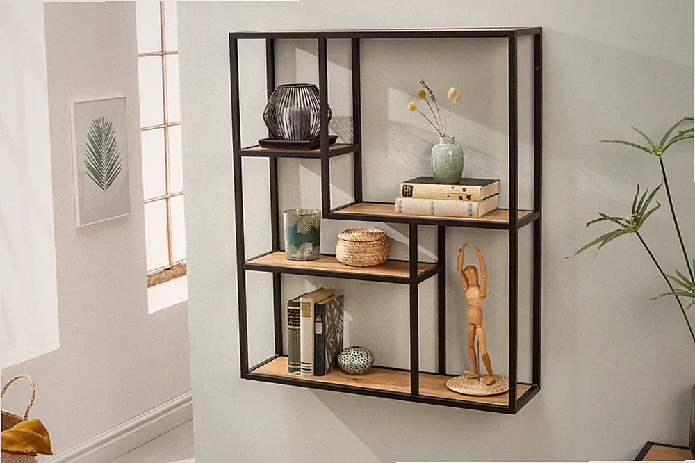 Industrial Wandregal SLIM LINE 90cm Wildeiche schwarz fünf Regalböden
