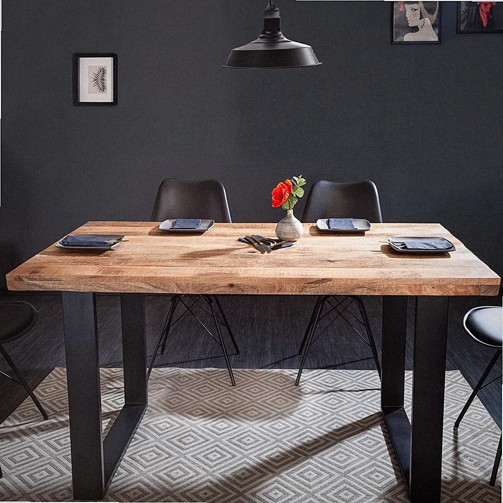 Industrie-Design Esstisch TAMAN Natur Mangoholz U-Gestell Eisen Schwarz 120cm