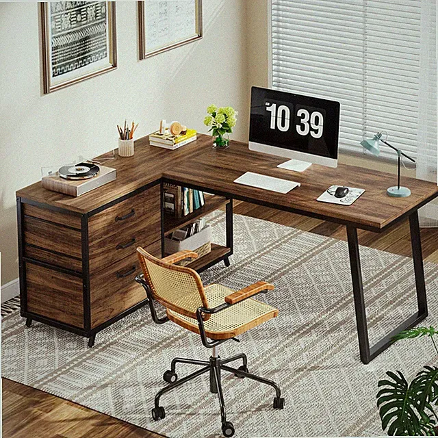Industrieller Schreibtisch, L-förmiger Computertisch mit 3 Schubladen, 135x100cm
