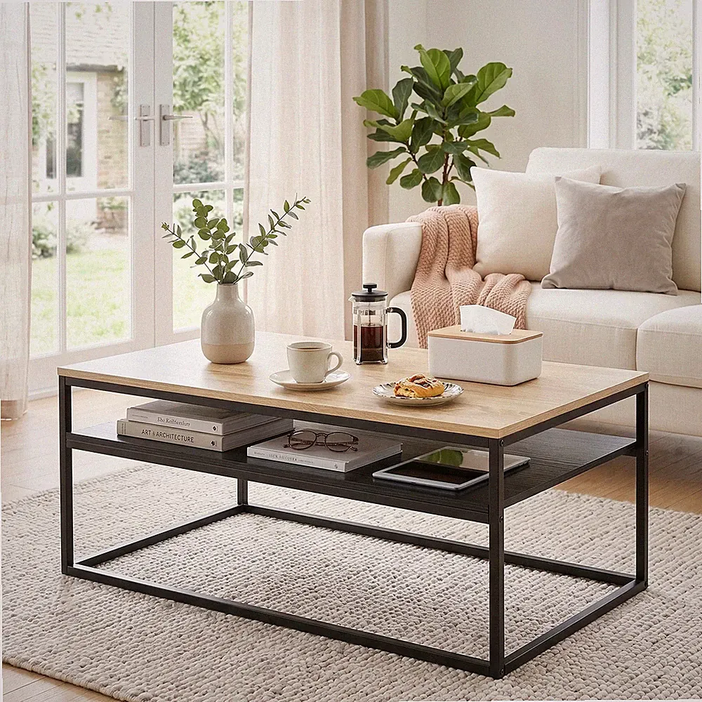 Industriestil Couchtisch Wohnzimmertisch mit Ablage, 100 x 59,8 x 47 cm, Eiche