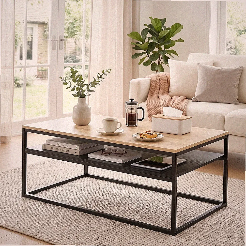 Industriestil Couchtisch Wohnzimmertisch mit Ablage, 100 x 59,8 x 47 cm, Eiche