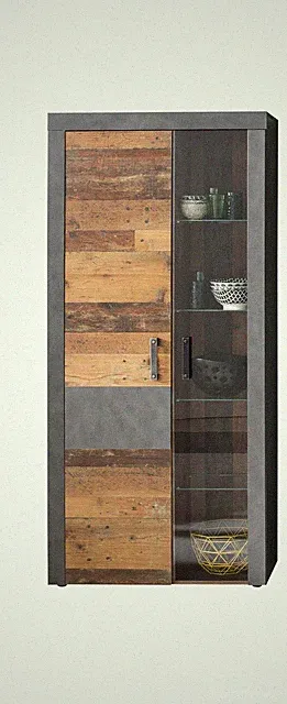 Indy Regalschrank Grau/Eiche Stauraumvitrine mit 2 Türen, 4 Glasböden, 1...