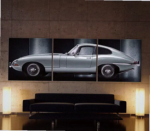 IRON ICON - JAGUAR E TYPE Leinwand Bild über Sofa Wandbild Sportwagen Schwarz