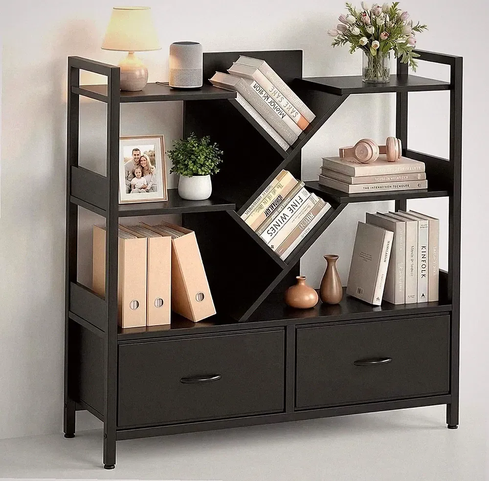IRONCK Bücherregal Mit 2 Schubladen, Baum Regal Mit Rollen, Metallrahmen Standre