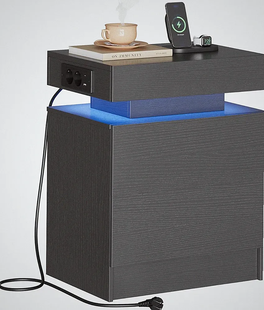 IRONCK Nachttisch Grau Mit Led-Licht & Ladefunktion, Beistelltisch Mit Usb+Typ-C