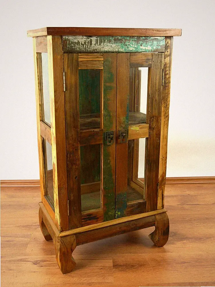 Java, recyceltes Teakholz/Bootsholz, Vitrine, Glasschrank, Java Möbel, Schrank