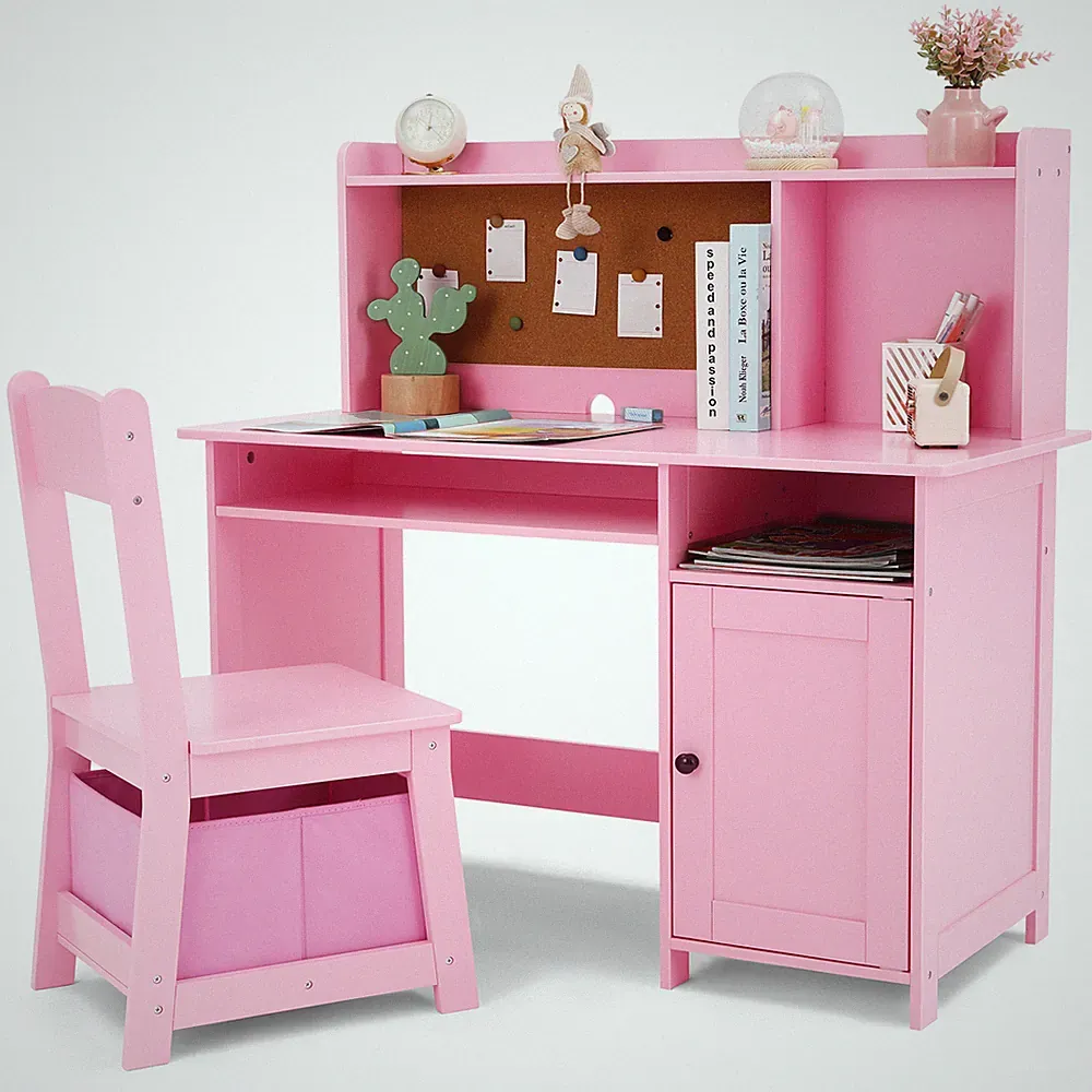 JOYLDIAS Kinderschreibtisch aus Holz, Kinder Schreibtisch mit Stuhl/Rosa