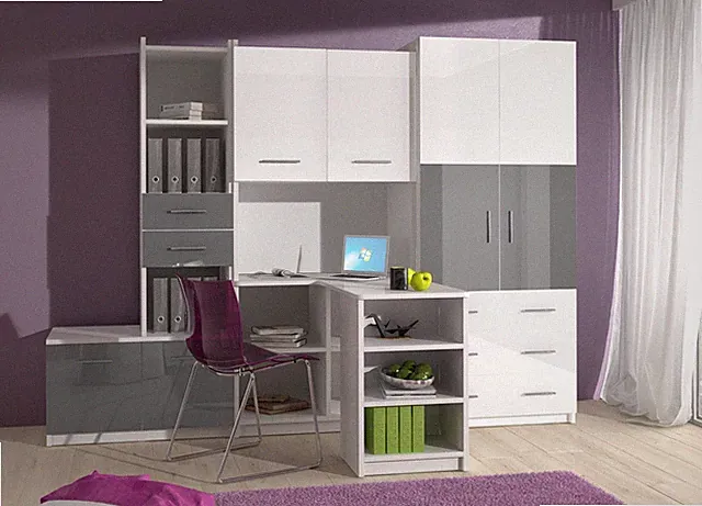 Jugendzimmer Kinderzimmer KATI - Hochglanz weiß / rosa / schwarz / violett /grau
