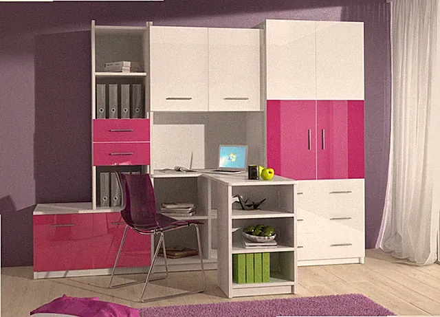 Jugendzimmer Kinderzimmer KATI - Hochglanz weiß / rosa / schwarz / violett /grau