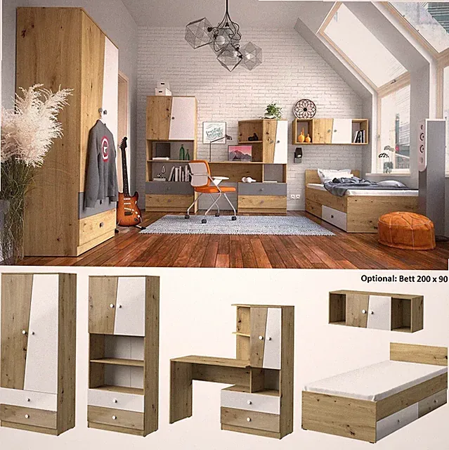 Jugendzimmer Kinderzimmer komplett NEO Set B Schrank Schreibtisch Regale Bett 90