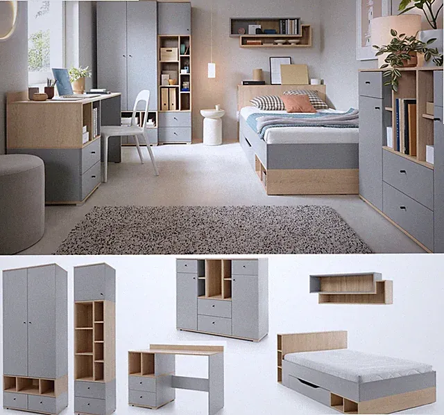 Jugendzimmer Kinderzimmer komplett ORIEL Set B 6tg Kommode Regale Schreibtisch