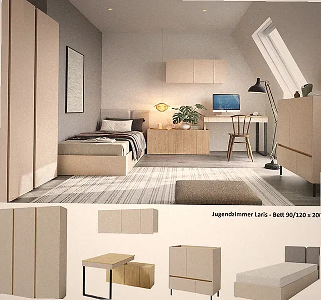 Jugendzimmer Kinderzimmer Komplettset LARIS Schrank 3T Schreibtisch Kommode Bett