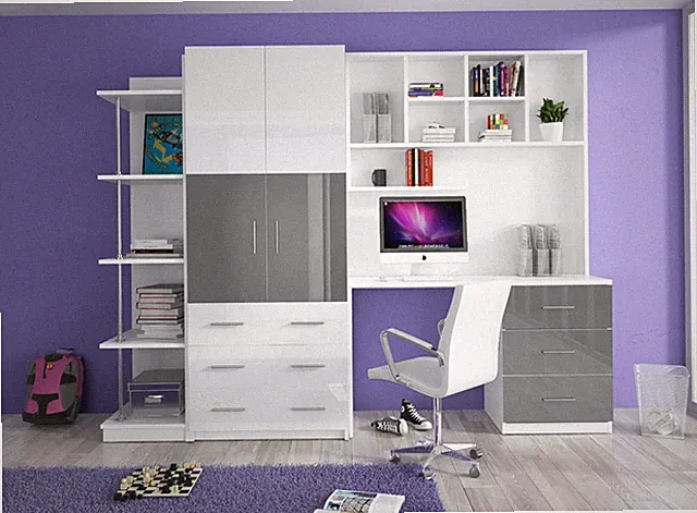 Jugendzimmer Kinderzimmer MATI - Hochglanz weiß /violett /rosa /schwarz /grau