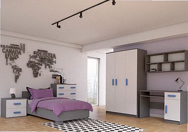 Jugendzimmer Kleiderschrank Kommode Schreibtisch Regal Grau/Weiß - Jonas 02