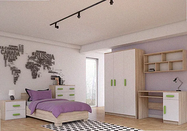 Jugendzimmer Kleiderschrank Kommode Schreibtisch Regal Sonoma/Weiß - Jonas 02