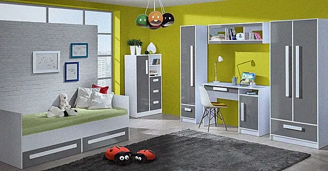 Jugendzimmer Komplett Kinderzimmer Kleiderschrank Bett weiß / Hochglanz 20832