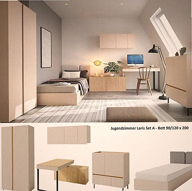 Jugendzimmer komplett LARIS Set A Schrank Schreibtisch Kommode Bett 90/120x200