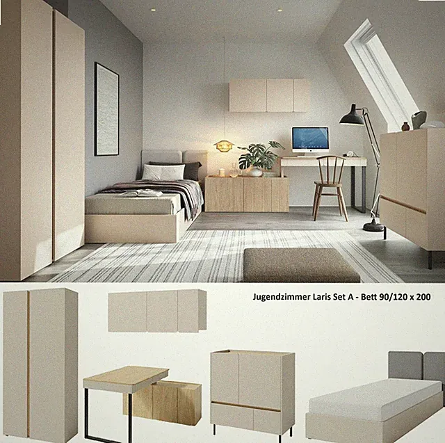 Jugendzimmer komplett Set LARIS Schrank Schreibtisch 2 Kommoden Bett 90/120x200