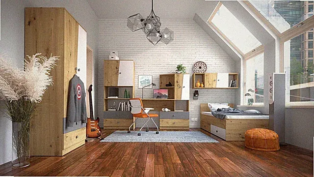Jugendzimmer Set 5-teilig Bett 90x200 artisan eiche weiß-grau matt 76484092