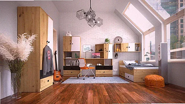 Jugendzimmer Set 5-teilig Bett 90x200 artisan eiche weiß schwarz matt 76564230