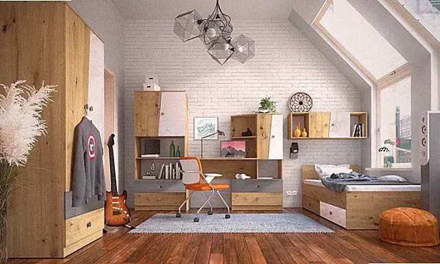 Jugendzimmer-Set 5-tlg Bett 90x200 artisan eiche weiß grau Hochglanz 76589283