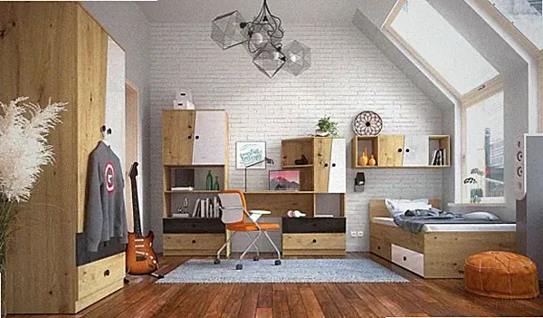 Jugendzimmer-Set 5-tlg Bett 90x200 artisan eiche weiß schwarz Hochglanz 76599037