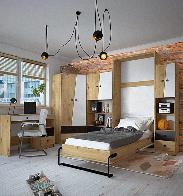 Jugendzimmer Set 6-teilig Schrankbett artisan eiche weiß schwarz matt 76564543