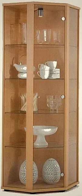 K-Möbel Eckvitrine in Buche (176x56,5x56,5 cm) mit Beleuchtung, 4 Glasböden