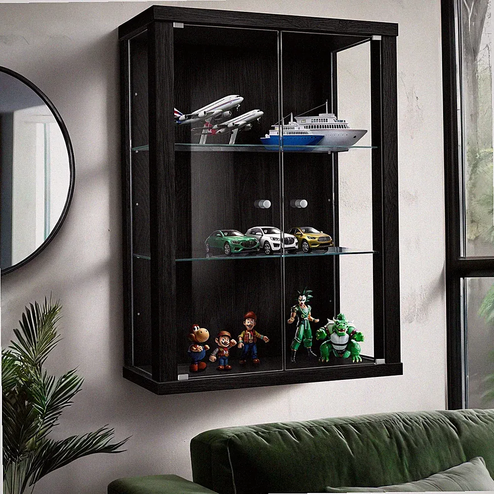 K-Möbel Glasvitrine in Schwarz (80x60x25 cm); Regal Schrank ESG Sammlervitrine