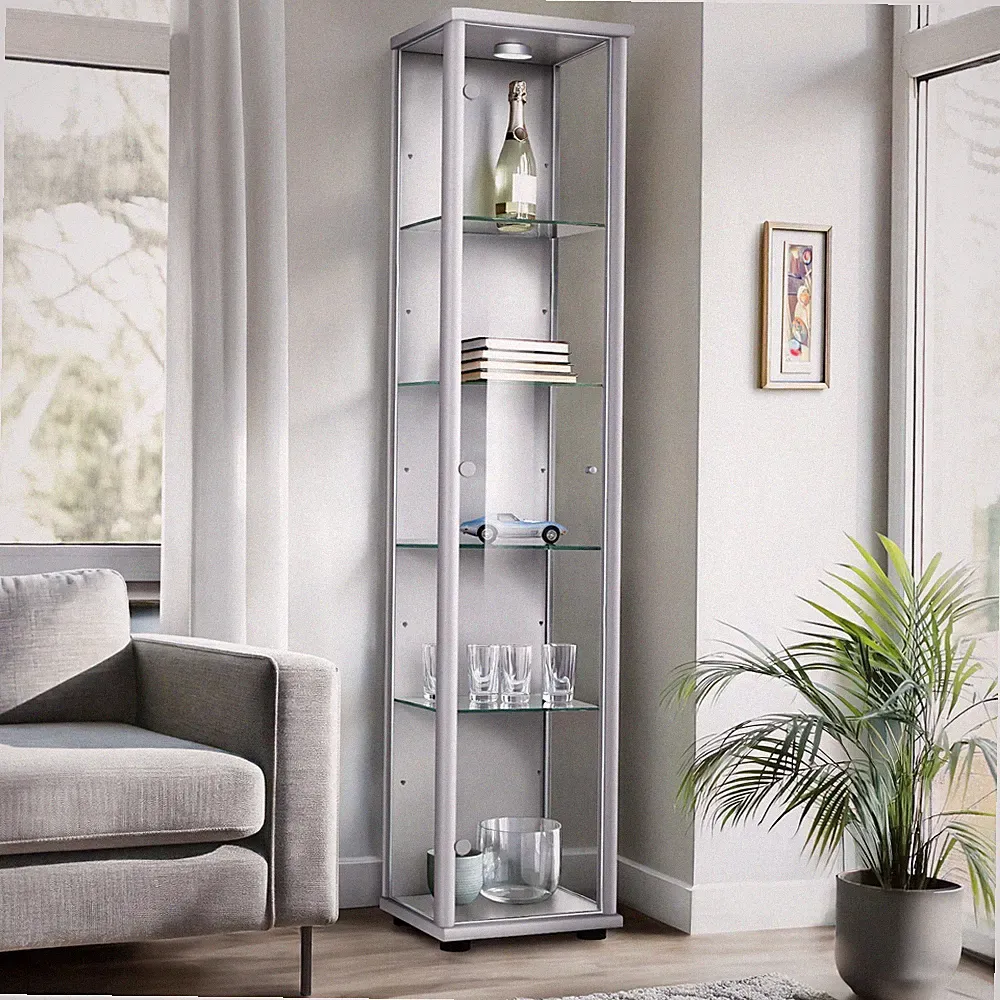 K-Möbel Glasvitrine in Silber (176x37x33 cm); Regal Schrank ESG Sammlervitrine