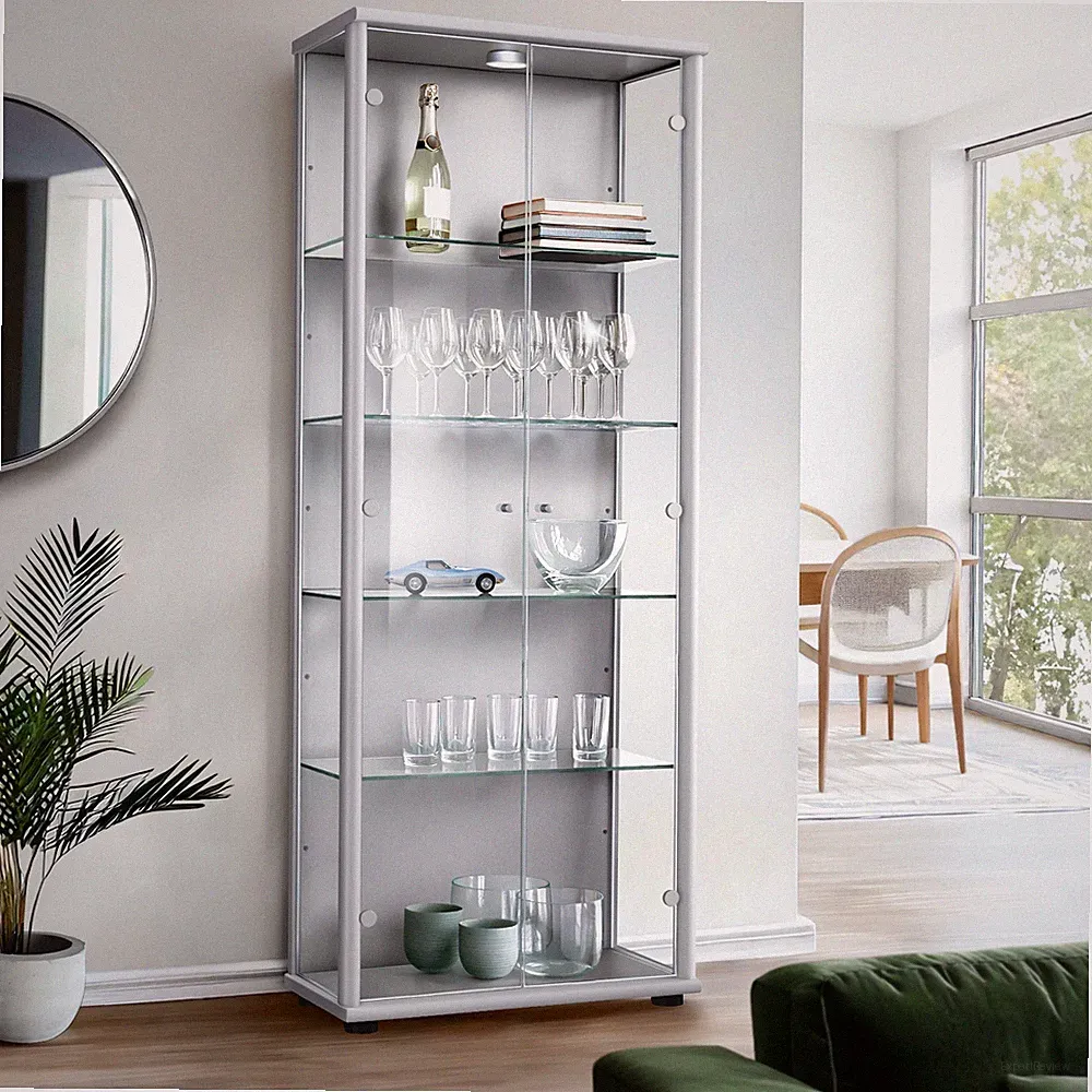 K-Möbel Glasvitrine in Silber (176x67x33 cm); Regal Schrank ESG Sammlervitrine