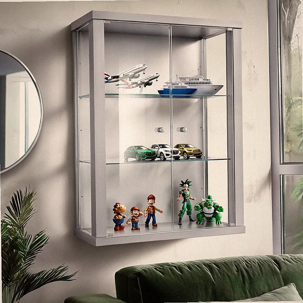K-Möbel Glasvitrine in Silber (80x60x25 cm); Regal Schrank ESG Sammlervitrine