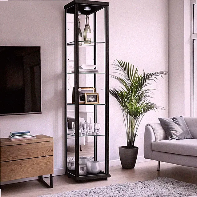 K-Möbel Glasvitrine mit Spiegel in Schwarz (176x37x33 cm); Schrank Regal ESG